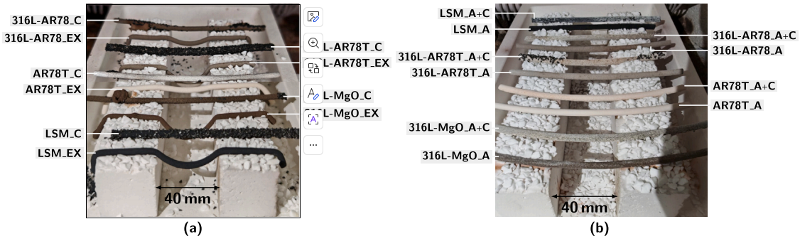 Филаменты после второго этапа удаления связующего: (a) EX и C; (b) A и A+C.
