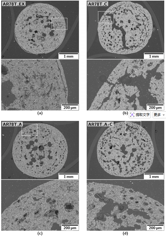 SEM поперечных сечений спечённых филаментов AR78–TiO2 после маршрутов EX, C, A и A+C.